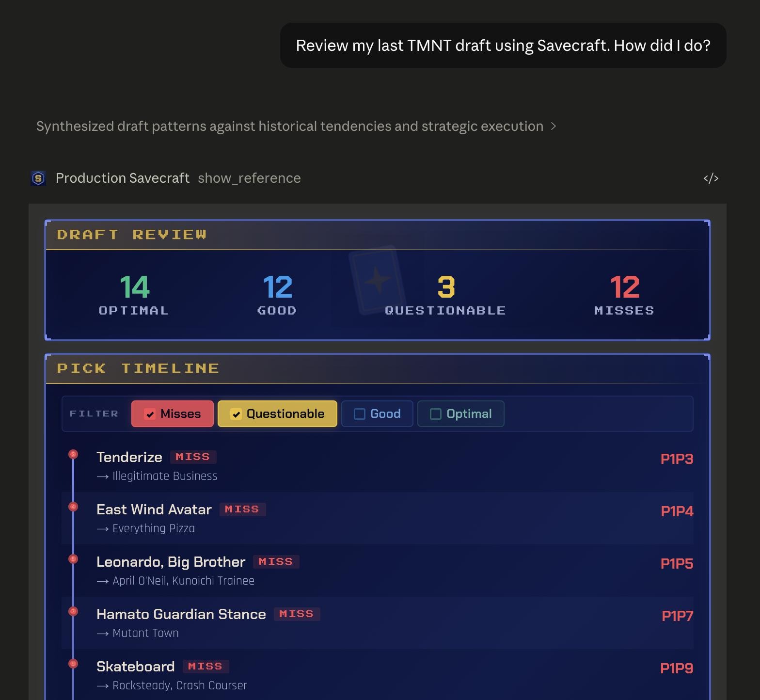 Claude reviewing a Magic draft — user asks 'how did I do?', Claude renders a 14/12/3/12 Optimal/Good/Questionable/Miss review with a pick timeline