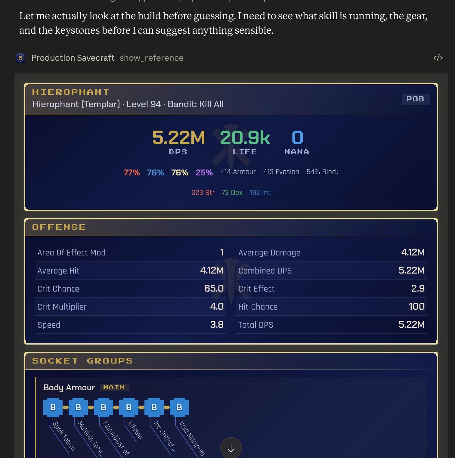 Hierophant Level 94 Templar build analysis — 5.22M DPS, 20.9k Life, resistances, offense stats, socket groups rendered from pob-server
